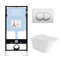 Комплект унитаза с инсталляцией Vive клавиша хром глянец, с микролифтом, безободковый E28079RU-CP Jacob Delafon