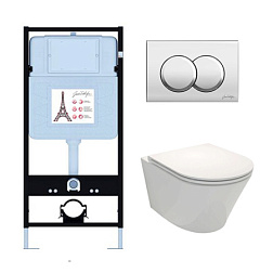 Комплект унитаза с инсталляцией Rodin+ глубина унитаза 52см, клавиша хром глянец, с микролифтом, безободковый E21750RU-CP Jacob Delafon