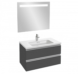 Комплект мебели для ванной Vox 80 см, серый антрацит лак, 2 ящика, 1 отверстие для смесителя, с подсветкой, подвесной монтаж EB1413-NF+EB2028-RA-442+EXAE112-Z-00 Jacob Delafon