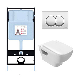 Комплект унитаза с инсталляцией Struktura глубина унитаза 54см, клавиша хром глянец, с микролифтом, безободковый EDE103-CP Jacob Delafon