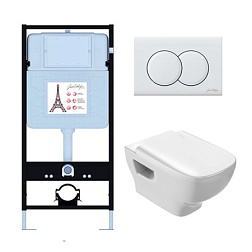 Комплект унитаза с инсталляцией Struktura клавиша глянец, глубина унитаза 48см, клавиша белая, с микролифтом, безободковый EDF103-00 Jacob Delafon