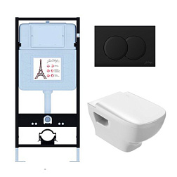 Комплект унитаза с инсталляцией Struktura матовая, глубина унитаза 48см, черная, с микролифтом, безободковый EDF103-BL Jacob Delafon