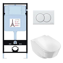 Комплект унитаза с инсталляцией Odeon Rive Gauche глянцевая, глубина унитаза 54см, клавиша белая, с микролифтом, безободковый, быстросъемное EDR103-00 Jacob Delafon