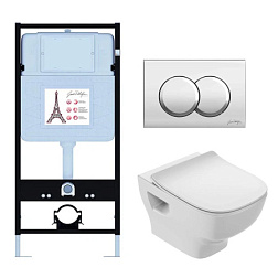 Комплект унитаза с инсталляцией Struktura глубина унитаза 54см, клавиша хром глянец, с микролифтом, безободковый, быстросъемное EDF103-CP Jacob Delafon